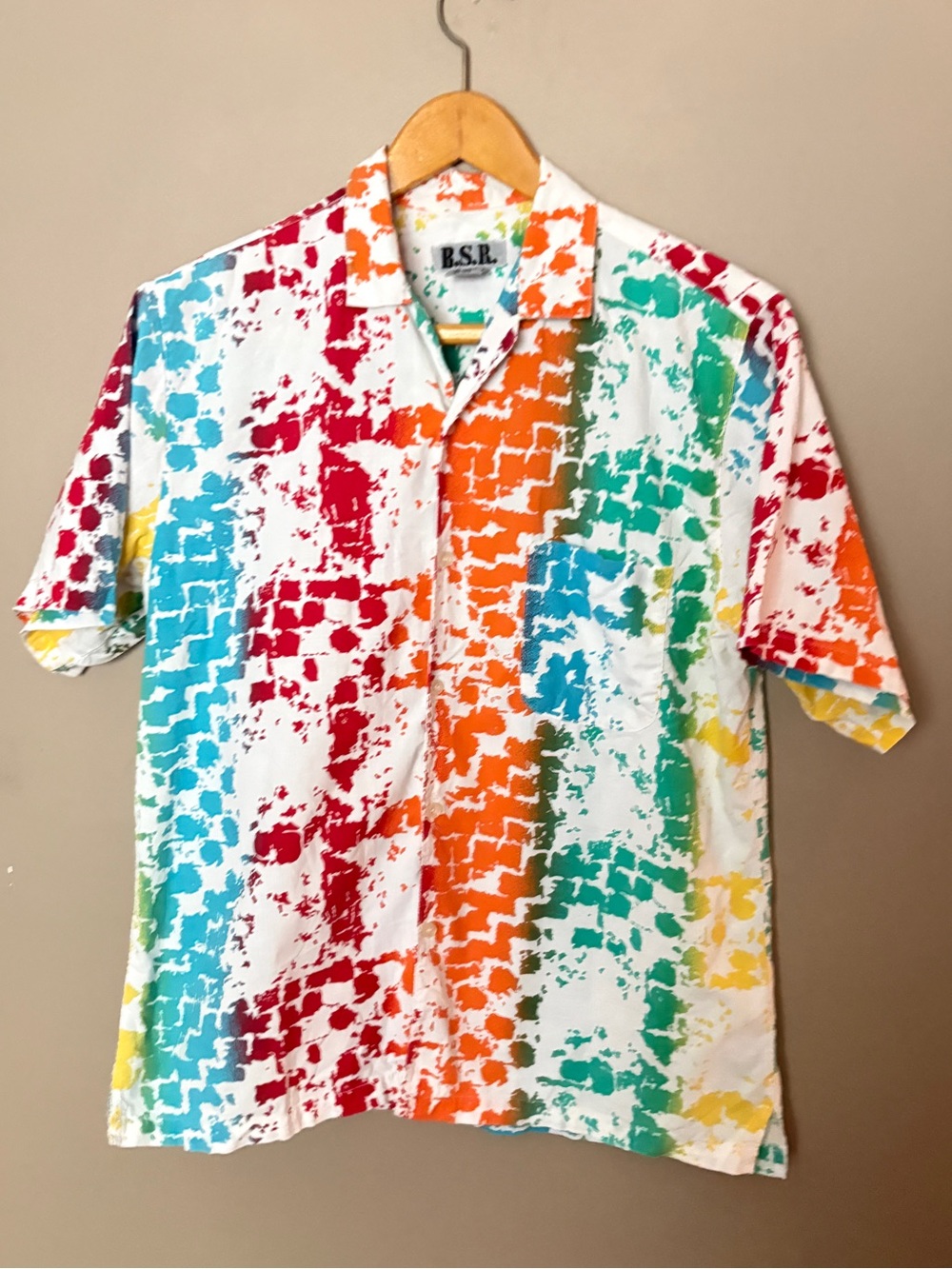 Vintage BSR Rainbow splatter print Button Down Shirt Abstract retro cotton L EUC
